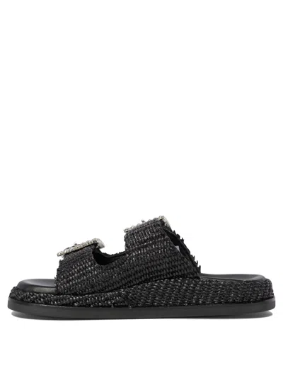 Alibi Greta Crystal Buckle Raffia Sandals In Black