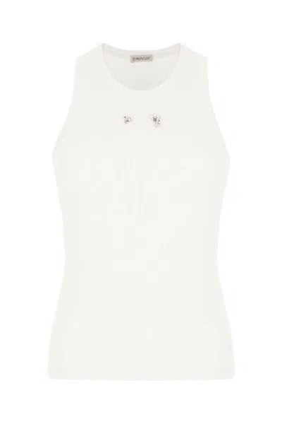 Moncler Cotton Top With Embellished Detail And Ribbed Texture In White