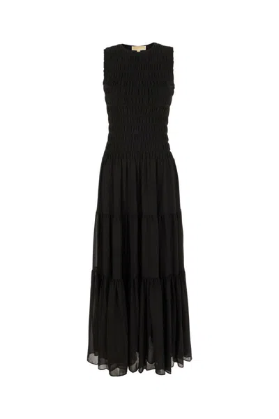 Michael Kors Black Crewneck Sleeveless Long Dress With Ruches And Ruffled Skirt In Tech Fabric Woman In Black