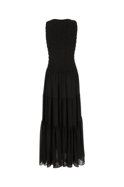 Michael Kors Black Crewneck Sleeveless Long Dress With Ruches And Ruffled Skirt In Tech Fabric Woman In Black