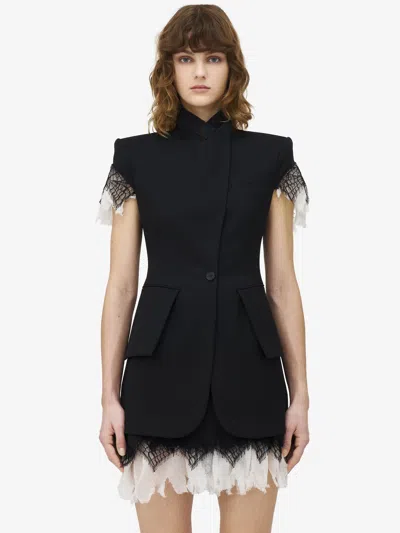 Alexander Mcqueen Asymmetrical Tailored Jacket With Lace Detailing In Black