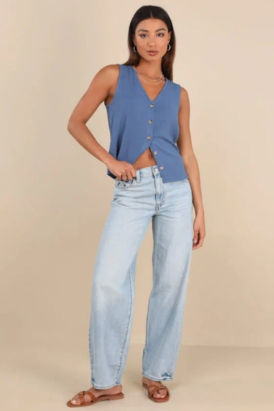 Lulus Casually Sophisticated Blue Linen Button-front Top In Blue