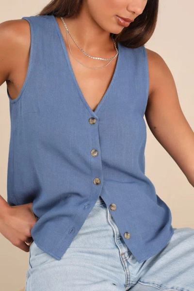 Lulus Casually Sophisticated Blue Linen Button-front Top In Blue