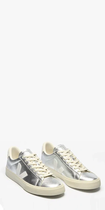 Veja Campo Chromefree Leather Sneakers Silver White