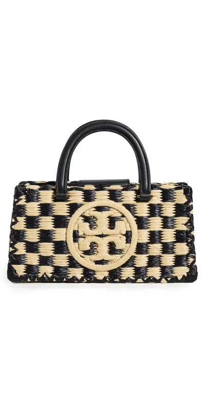 Tory Burch Ella Checkered Crochet Top-handle Bag In Black/natural