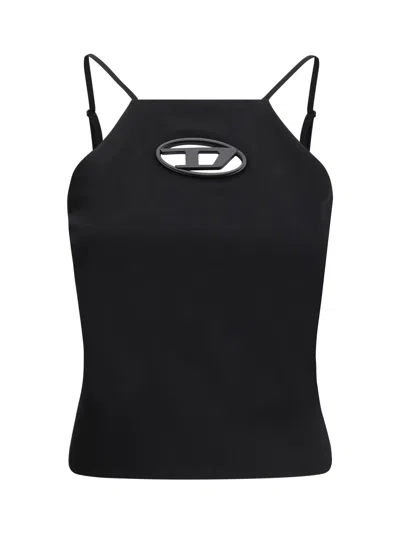 Diesel T-wilight Black Top With Halterneck And Oval D Logo Plaque On The Front In Wool Blend Woman In Black
