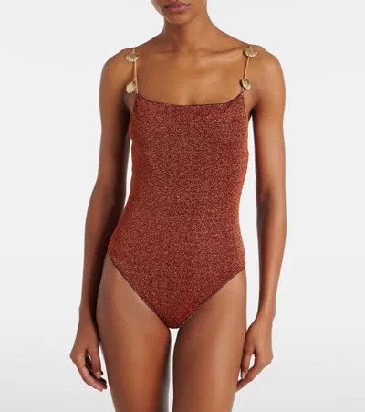 Oseree Oséree Lumière Shells Embellished Swimsuit In Brown