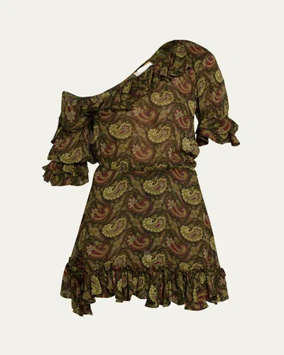 Saint Laurent One Shoulder Paisley Ruffle Dress In Red