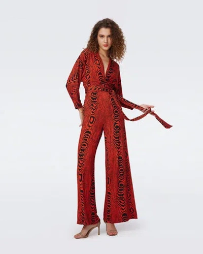 Diane Von Furstenberg Aurelia Wide-leg Deep V-neck Jumpsuit In Wood Grain Red