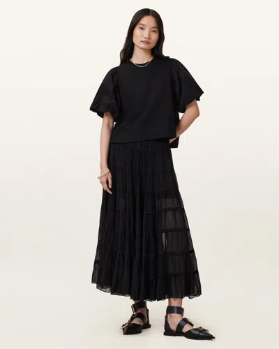 Allsaints Eva Tiered Maxi Skirt In Black