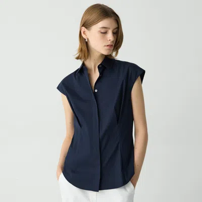 Theory Cinched Cap Sleeve Shirt In Good Cotton In New Navy