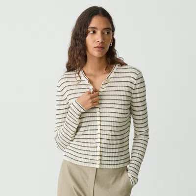 Theory Womens Stripped Cropped Linen-blend Knitted Cardigan Light Parchment Multi Xs In Light Parchment Multi