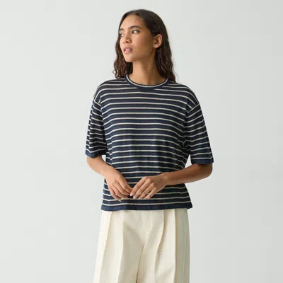 Theory Neo Sag Harbor Stripe Linen Blend Boyfriend T-shirt In Nocturne Navy Multi