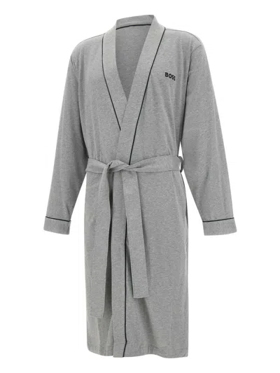 Hugo Boss Piped Cotton Robe In Grey
