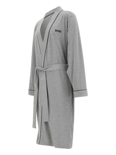 Hugo Boss Piped Cotton Robe In Grey