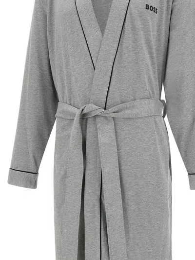 Hugo Boss Piped Cotton Robe In Grey