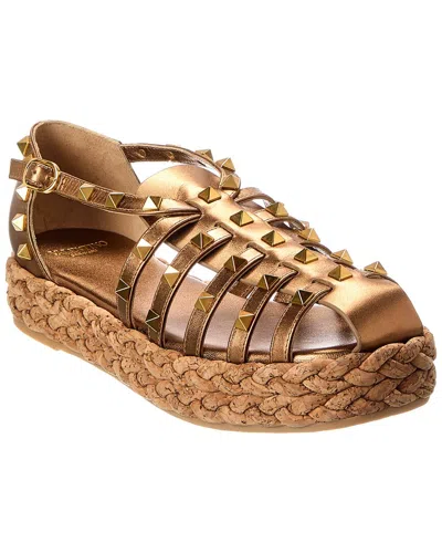 Valentino Rockstud Metallic Espadrille Fisherman Sandals In Gold