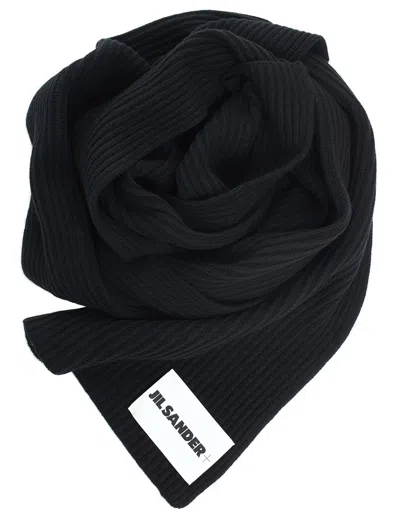 Jil Sander Wool Scarf With Patch In Black