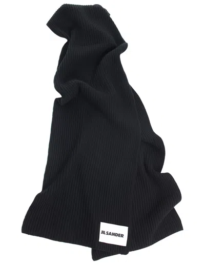 Jil Sander Wool Scarf With Patch In Black