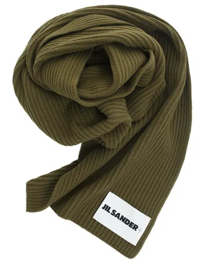 Jil Sander Wool Scarf With Patch In Khaki