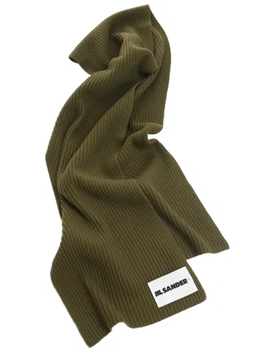 Jil Sander Wool Scarf With Patch In Khaki