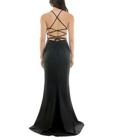 Katia Rae Juniors' Sleeveless Lace-up-back Gown In Black