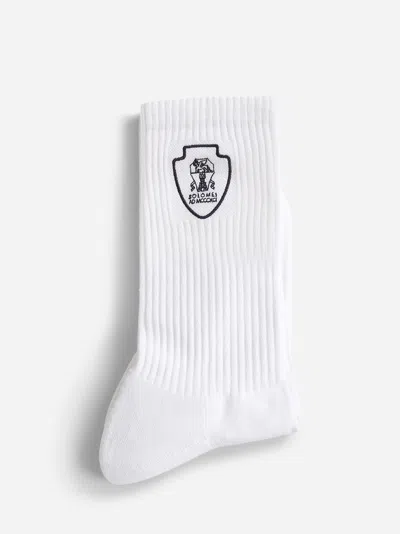 Brunello Cucinelli White Techno Cotton Knit Logo Socks