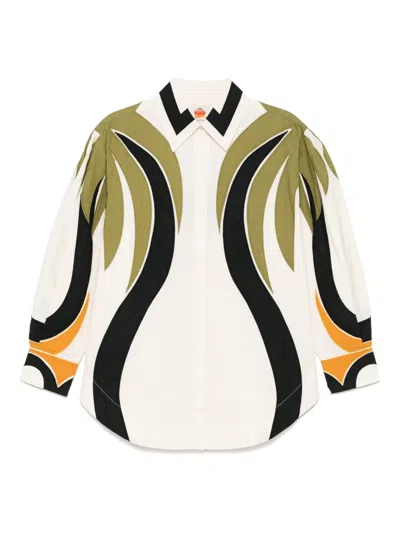 Farm Rio Womens Coconut Tree Flow Pleated Long-sleeve Panelled Cotton Blouse In Neutrals