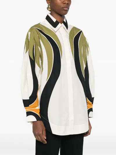 Farm Rio Womens Coconut Tree Flow Pleated Long-sleeve Panelled Cotton Blouse In Neutrals