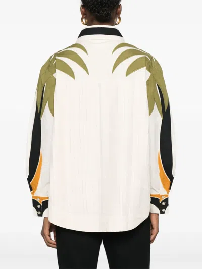 Farm Rio Womens Coconut Tree Flow Pleated Long-sleeve Panelled Cotton Blouse In Neutrals