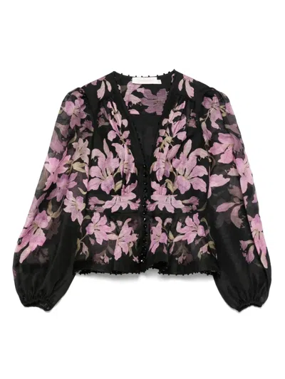 Zimmermann Dawning Beaded Linen V-neck Shirt In Black/multi