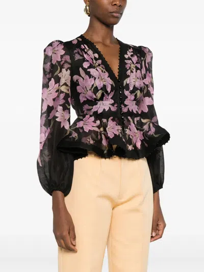 Zimmermann Dawning Beaded Linen V-neck Shirt In Black/multi