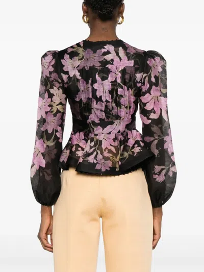 Zimmermann Dawning Beaded Linen V-neck Shirt In Black/multi