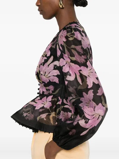 Zimmermann Dawning Beaded Linen V-neck Shirt In Black/multi