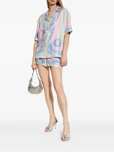 Versace Pink Shorts With Elastic Waist And All-over Graphic Print In Grey