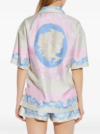 Versace Pink Shorts With Elastic Waist And All-over Graphic Print In Grey