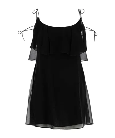 Saint Laurent Mini Dress Silk Spaghetti Straps Ruffle In Black
