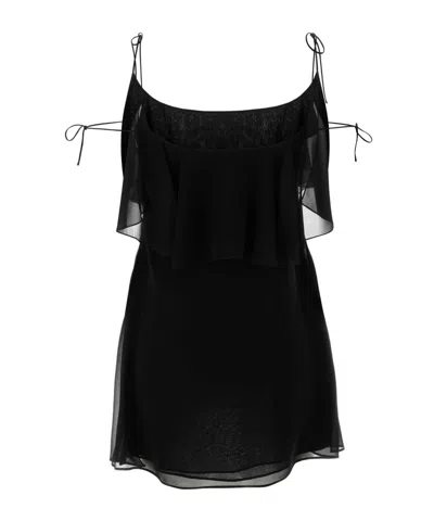 Saint Laurent Mini Dress Silk Spaghetti Straps Ruffle In Black