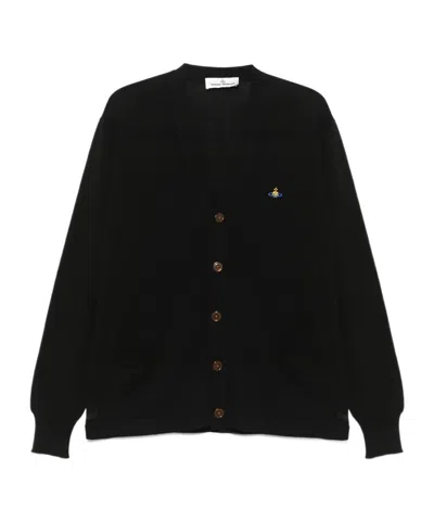 Vivienne Westwood Black V Neck Cardigan With Orb Embroidery In Cotton And Cashmere