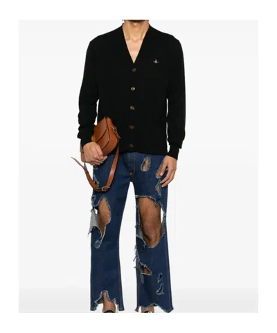 Vivienne Westwood Black V Neck Cardigan With Orb Embroidery In Cotton And Cashmere