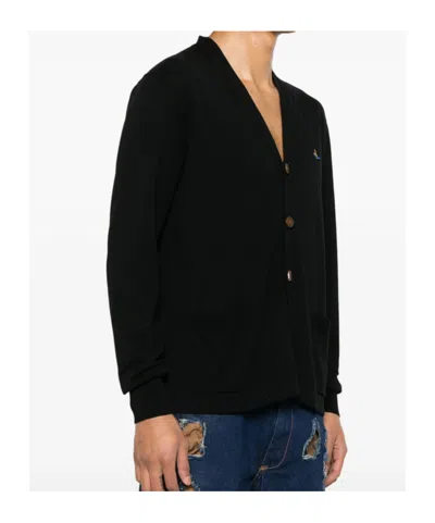 Vivienne Westwood Black V Neck Cardigan With Orb Embroidery In Cotton And Cashmere