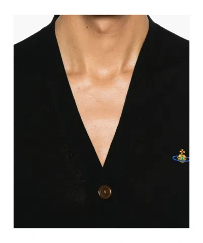 Vivienne Westwood Black V Neck Cardigan With Orb Embroidery In Cotton And Cashmere