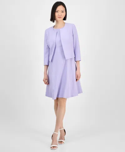 Le Suit Women's Collarless Open-front Bolero & Scoop-neck Sleeveless Fit & Flare Dress Set, Regular & Petite In Lilac