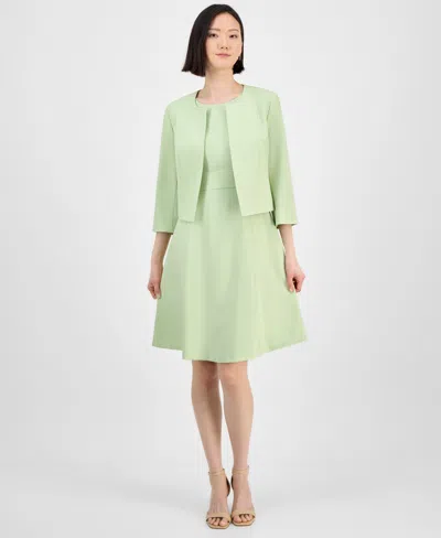 Le Suit Women's Collarless Open-front Bolero & Scoop-neck Sleeveless Fit & Flare Dress Set, Regular & Petite In Celery