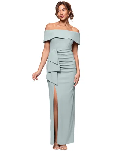 Xscape Petite Off-the-shoulder-sleeve Draped Gown In Sage