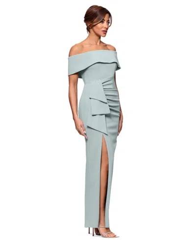 Xscape Petite Off-the-shoulder-sleeve Draped Gown In Sage