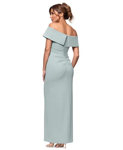 Xscape Petite Off-the-shoulder-sleeve Draped Gown In Sage