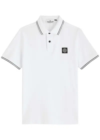 Stone Island Contrasting Trim Logo Patch Cotton Blend Polo Shirt In White