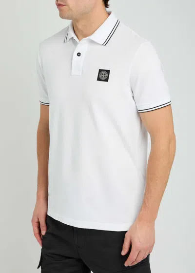 Stone Island Contrasting Trim Logo Patch Cotton Blend Polo Shirt In White