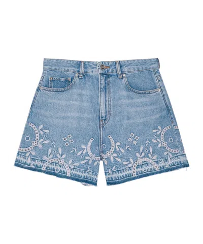 Ganni Embroidered Frayed Hem Shorts With Pockets And Loops In Light Blue